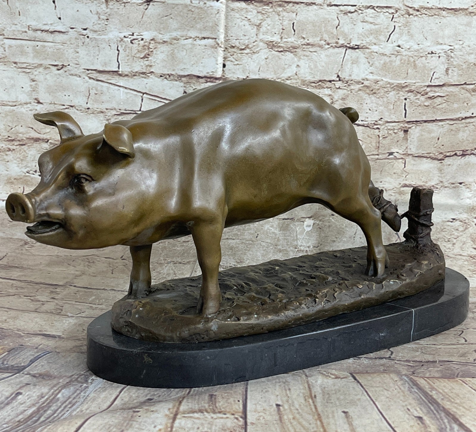 Bronze Sculpture Collectible Statue Animal SIGNED BARYE HAPPY PIG Figurine Decor