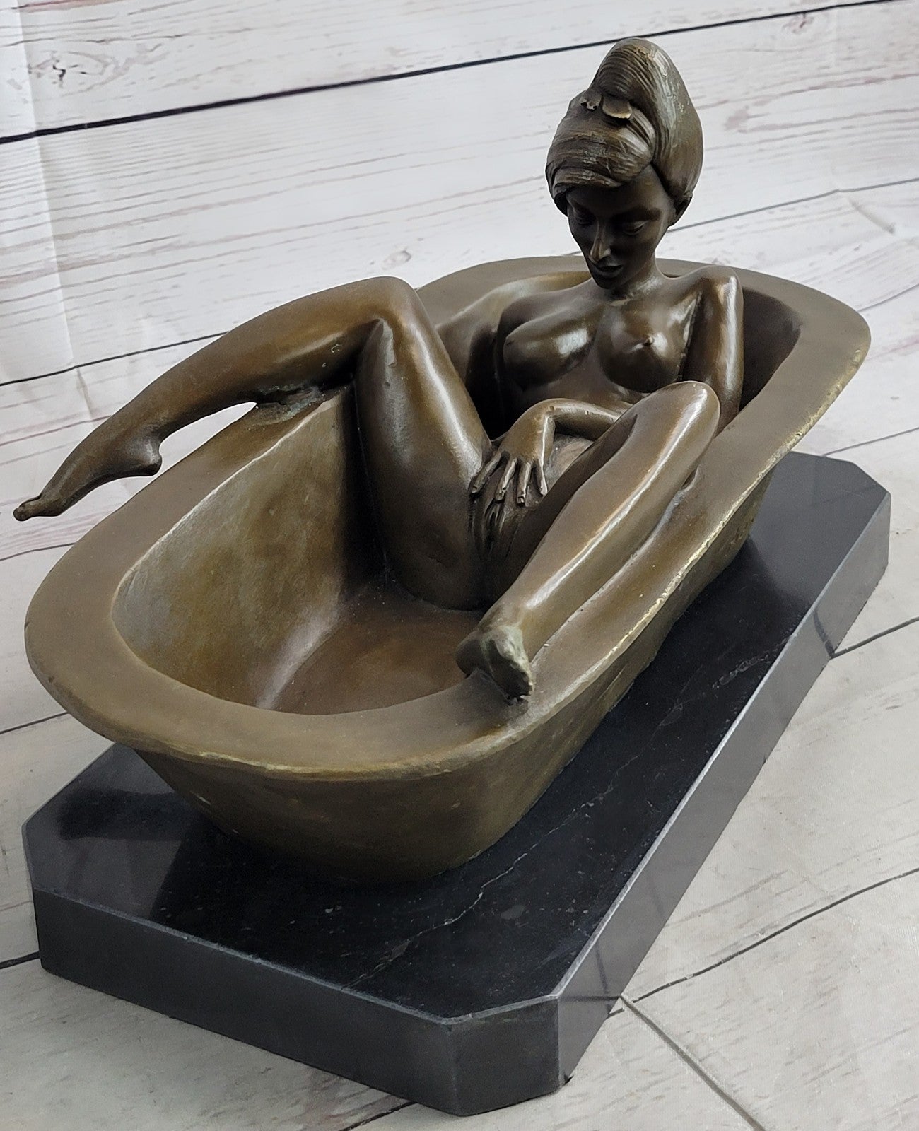 Signed Preiss Lost Wax Nude Lady in Hot tub Bronze Sculpture Marble Statue Deco