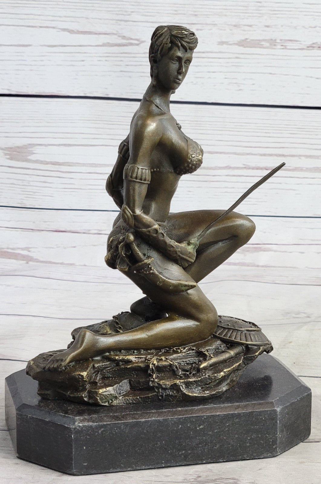 Handcrafted bronze sculpture SALE Sword With Woman Nude "Amazon" Signed Decor