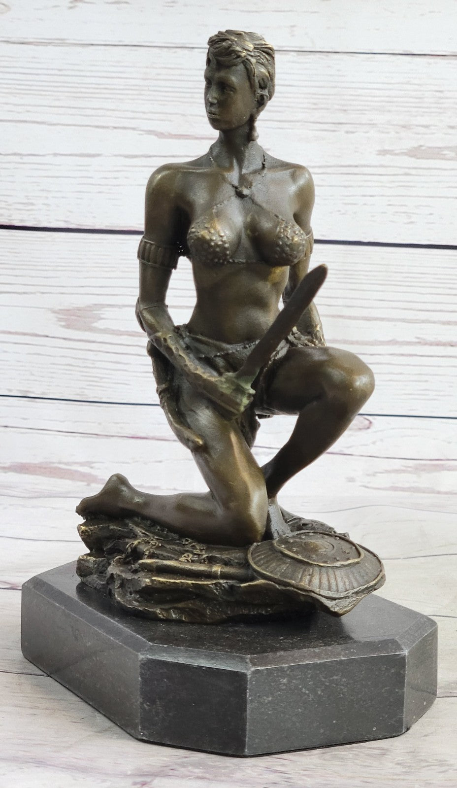 Handcrafted bronze sculpture SALE Sword With Woman Nude "Amazon" Signed Decor