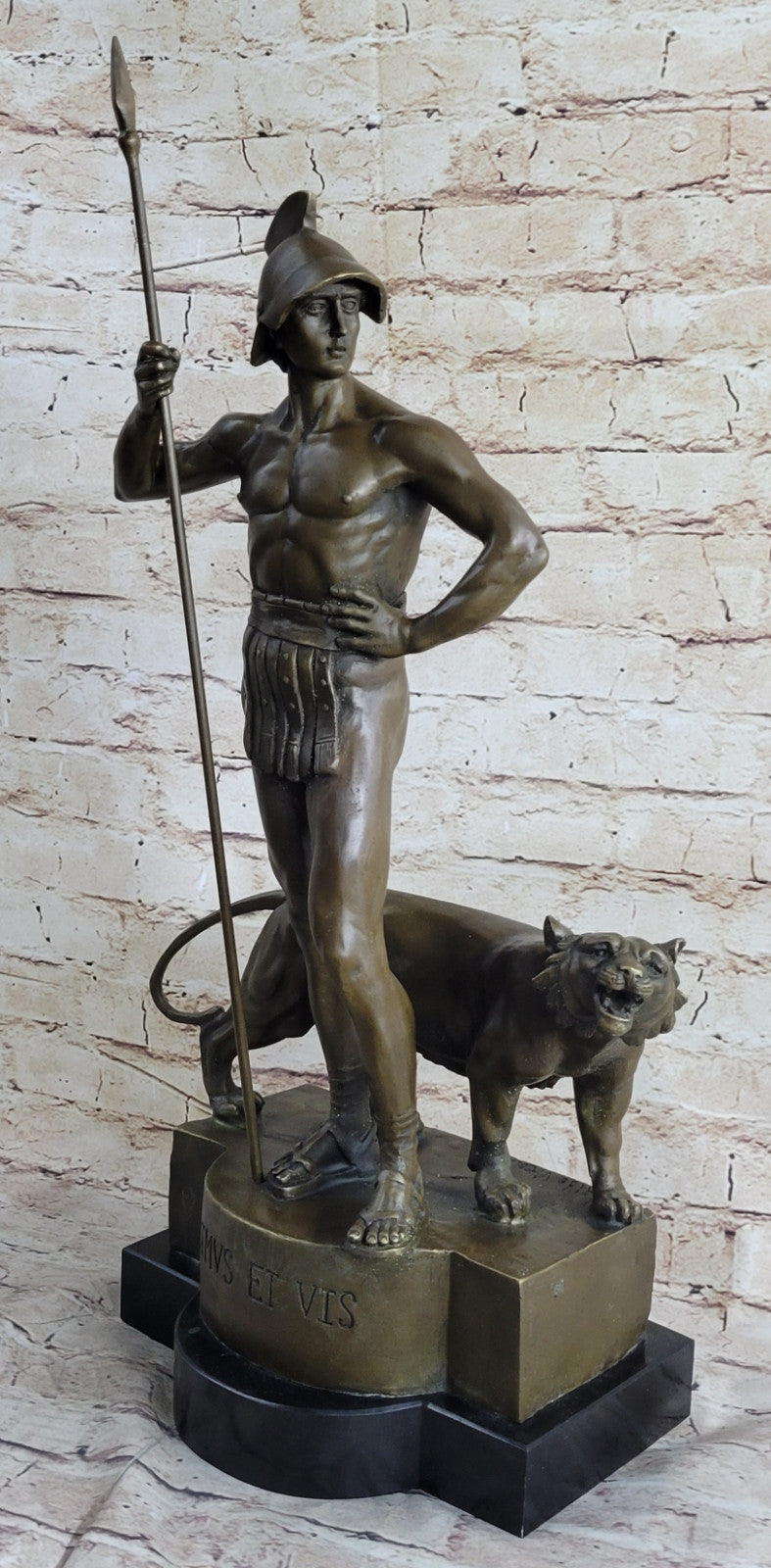 Art Deco/Nouveau Nude Male Warrior With Lion Bronze Sculpture Figurine Decoration