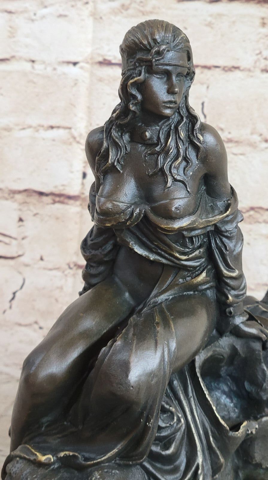 Signed Original Fisher Bronze Sculpture – Semi Nude Girl on Demon Skull – Fantasy Art Sale