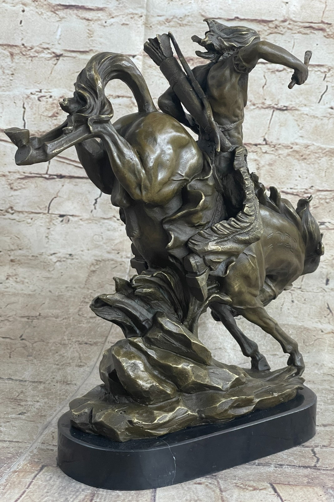 Bronze Sculpture Indian Chief Riding Horse With Axe Hot Cast Marble Base Figurine