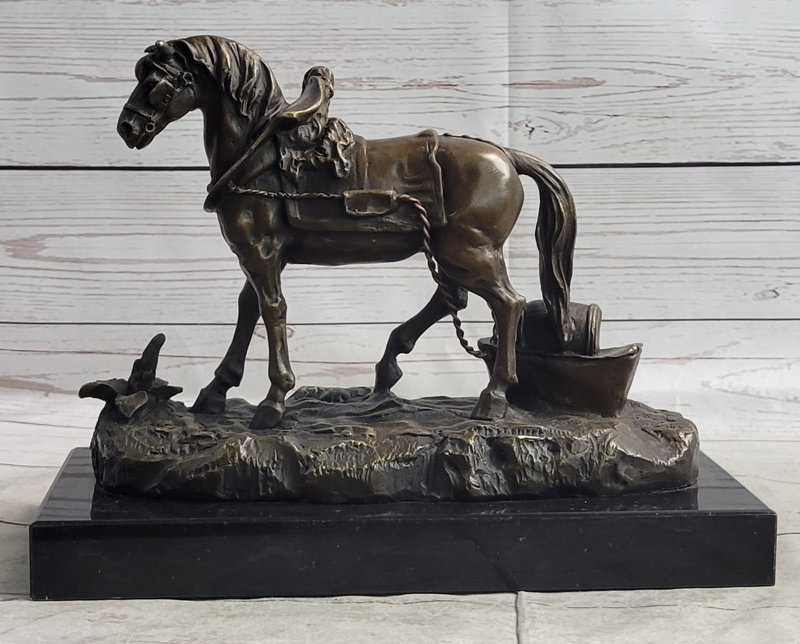 Handcrafted Work Horse Farm Bronze Sculpture Marble Base Figurine Figure