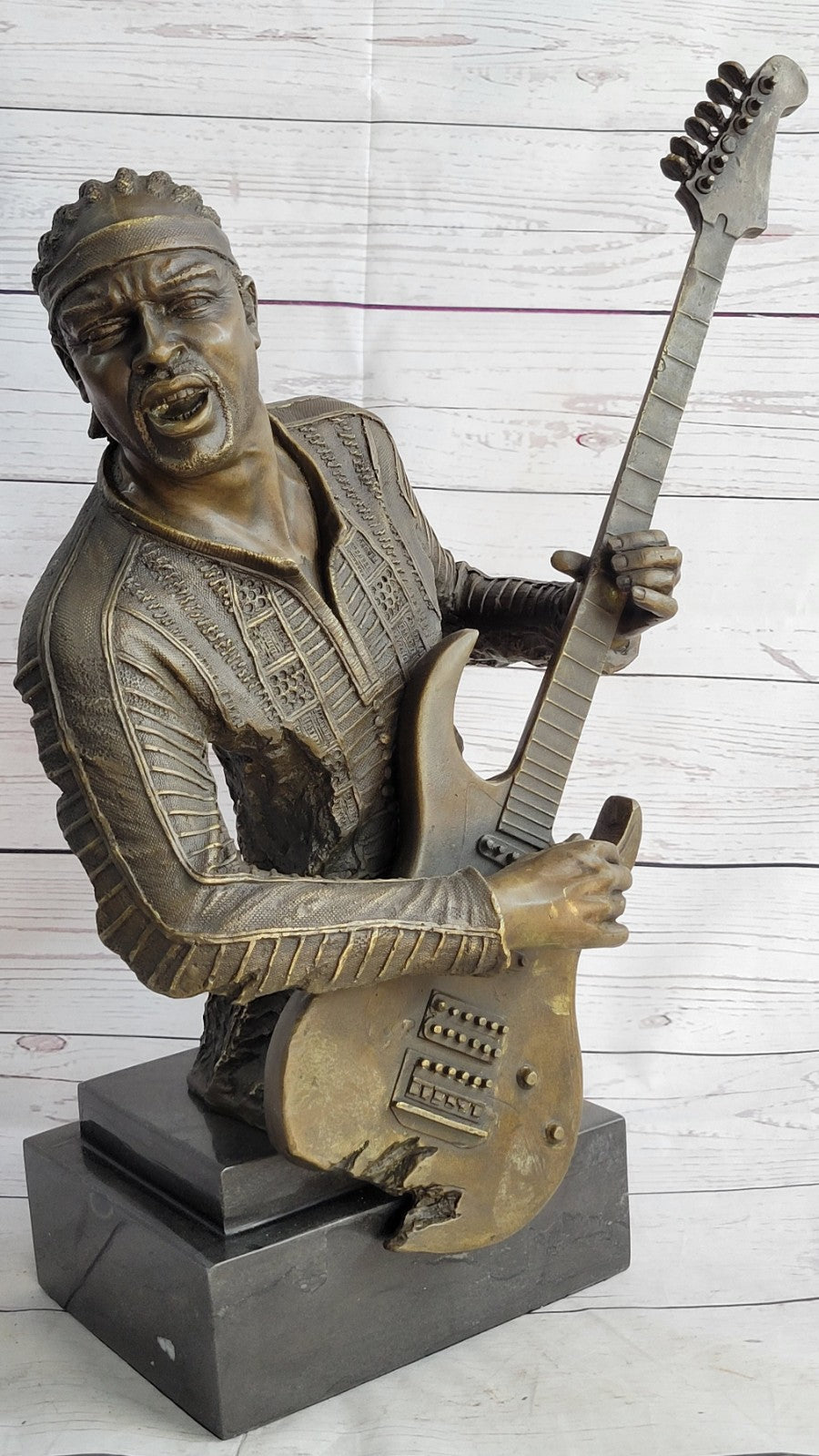 Signed Original Black Guitar Player Singer Bronze Sculpture Marble Statue Figure