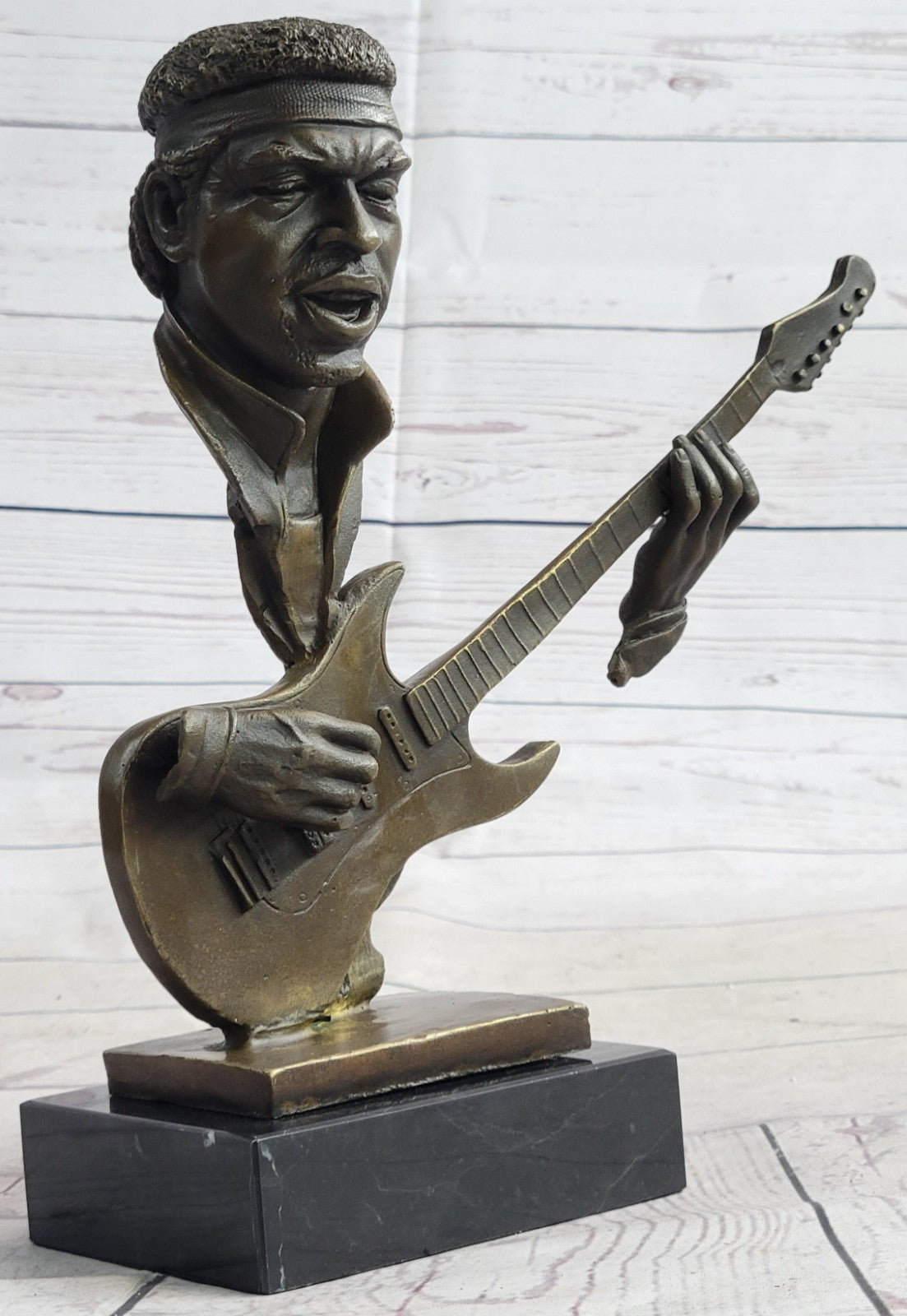 Bronze Statue of Guitar Player Hot Cast Sculpture Marble Base Figurine Home Decor
