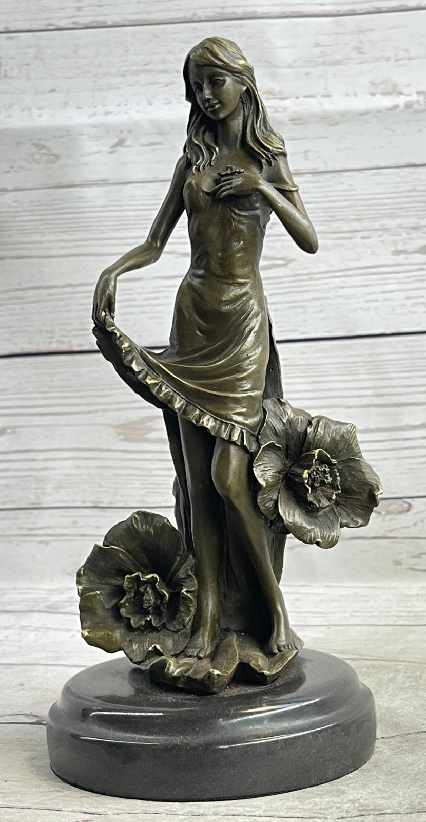 Art Deco Bronze Maiden: Signed Moreau Lily Girl with Flowers - Collectible Statue