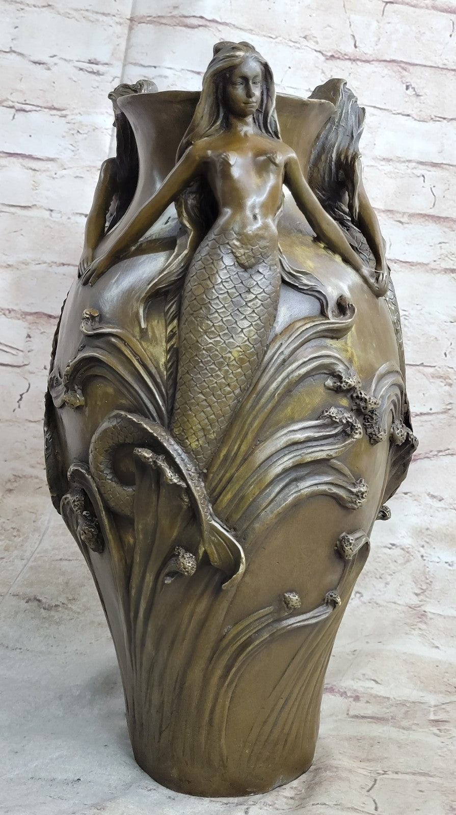 Bronze Sculpture Handcrafted Mermaid Vase Planter Home Office Decoration