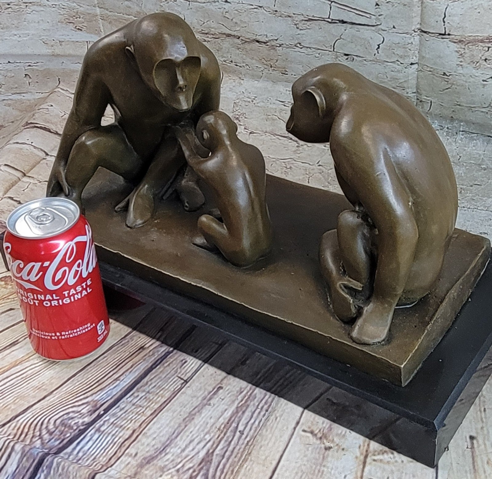 Vintage Modern Art Baboons Baby Bronze Statue Sculpture Marble Base contemporary