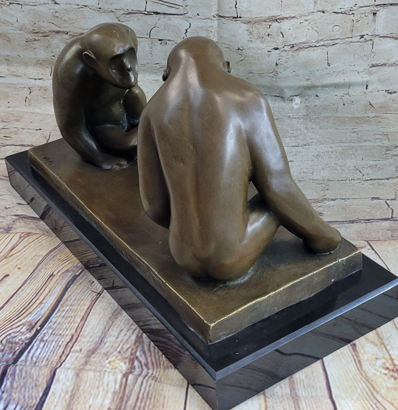 Vintage Modern Art Baboons Baby Bronze Statue Sculpture Marble Base contemporary