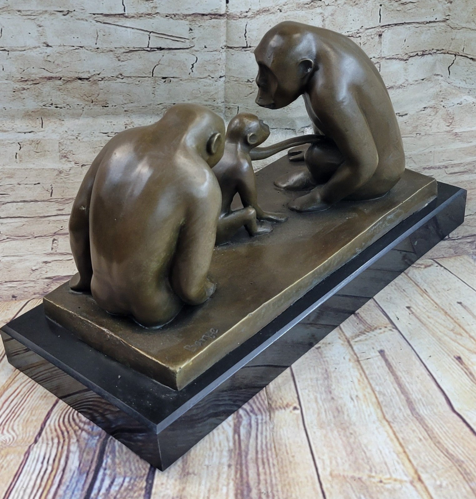 Vintage Modern Art Baboons Baby Bronze Statue Sculpture Marble Base contemporary