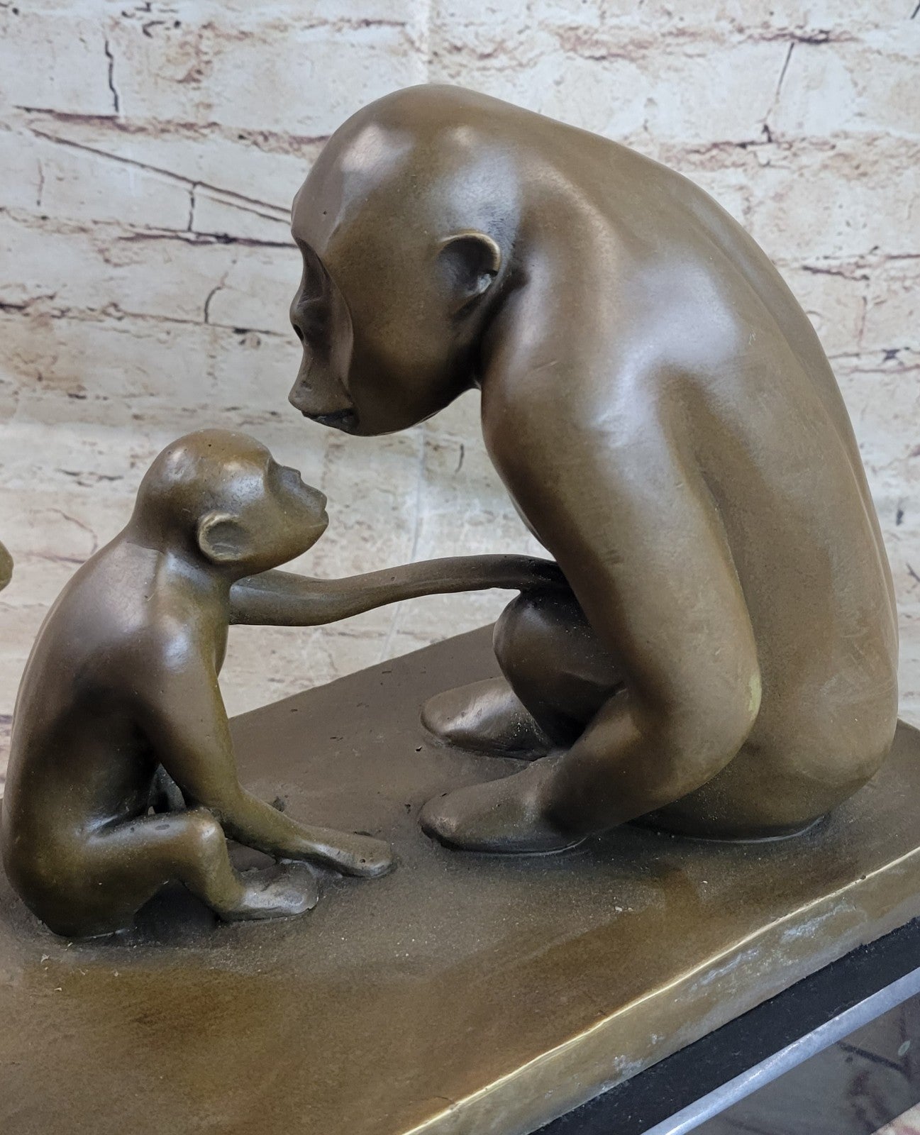 Vintage Modern Art Baboons Baby Bronze Statue Sculpture Marble Base contemporary