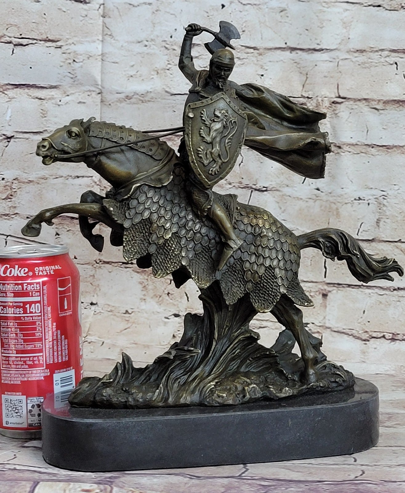 Viking sculpture - warrior on battle horse - bronze and marble - 11 (28cm)" Statue