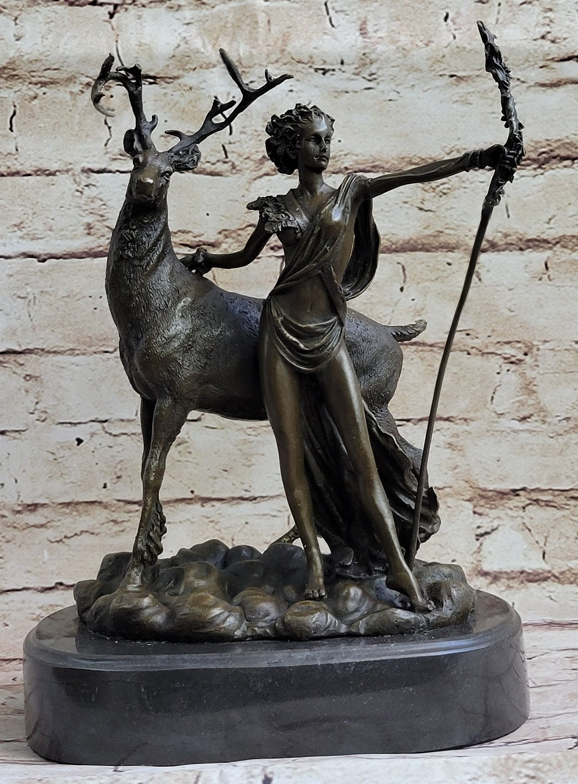 Signed Cast Bronze Diana The Huntress Art Deco Nude Sculpture Statue Mythica
