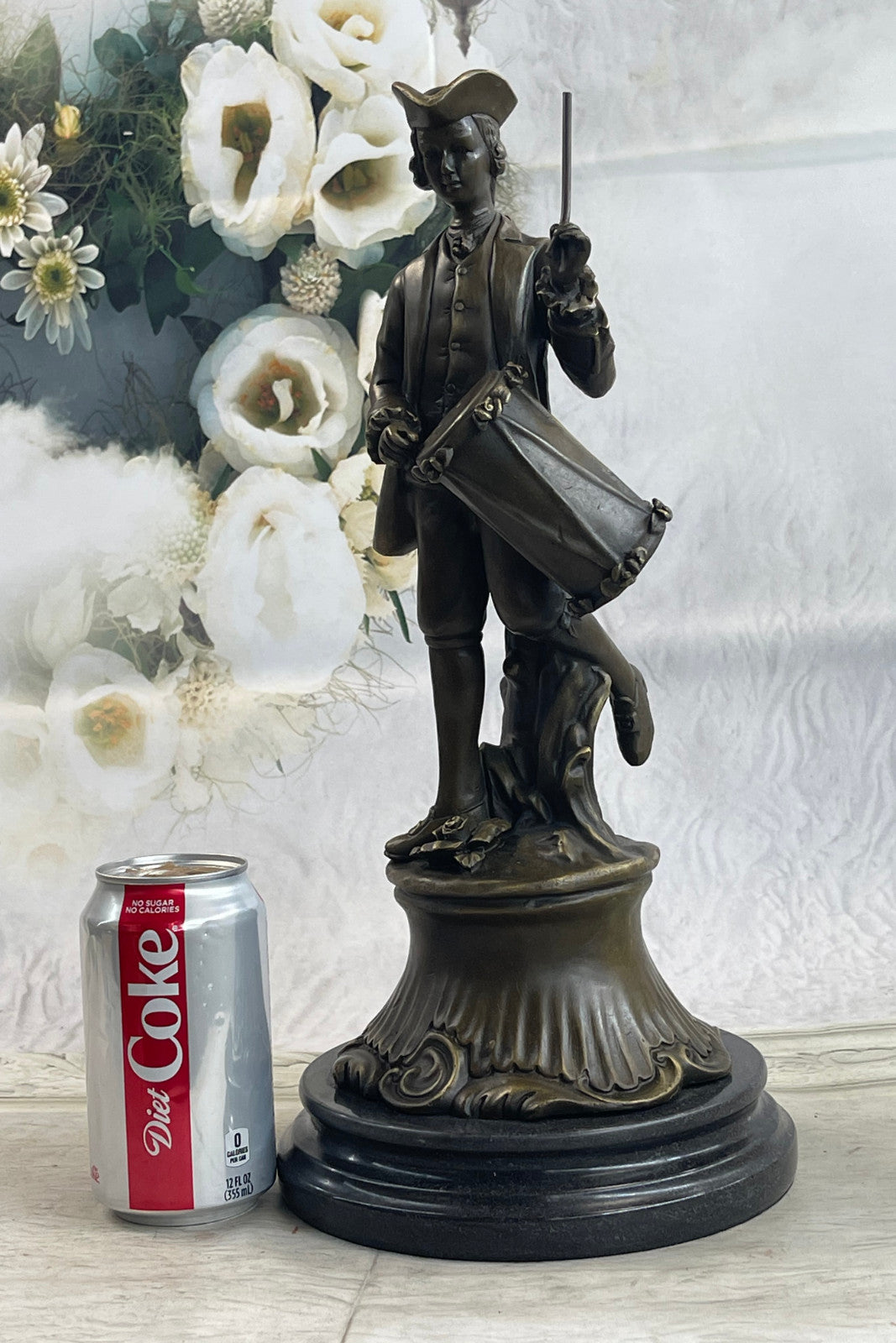 EUROPEAN BRONZE Gorgeous American Civil War Drummer Bronze Sculpture Marble Base Statue