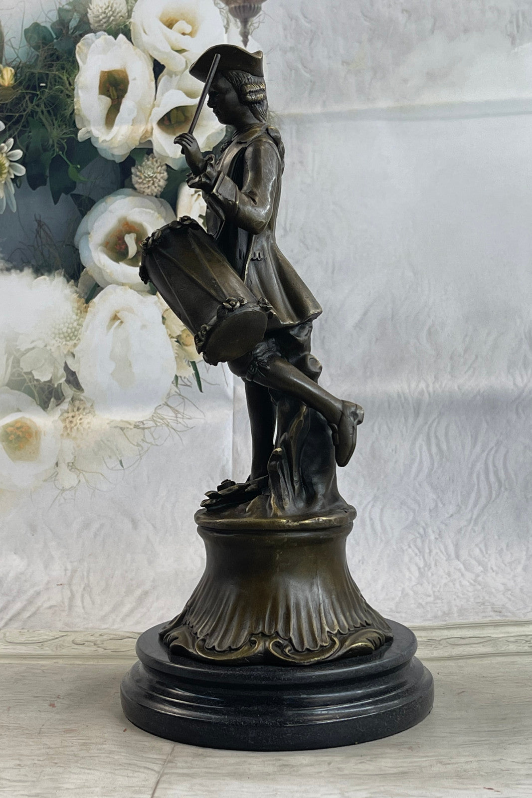 EUROPEAN BRONZE Gorgeous American Civil War Drummer Bronze Sculpture Marble Base Statue