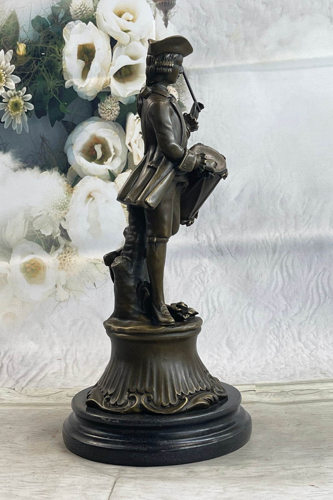 EUROPEAN BRONZE Gorgeous American Civil War Drummer Bronze Sculpture Marble Base Statue