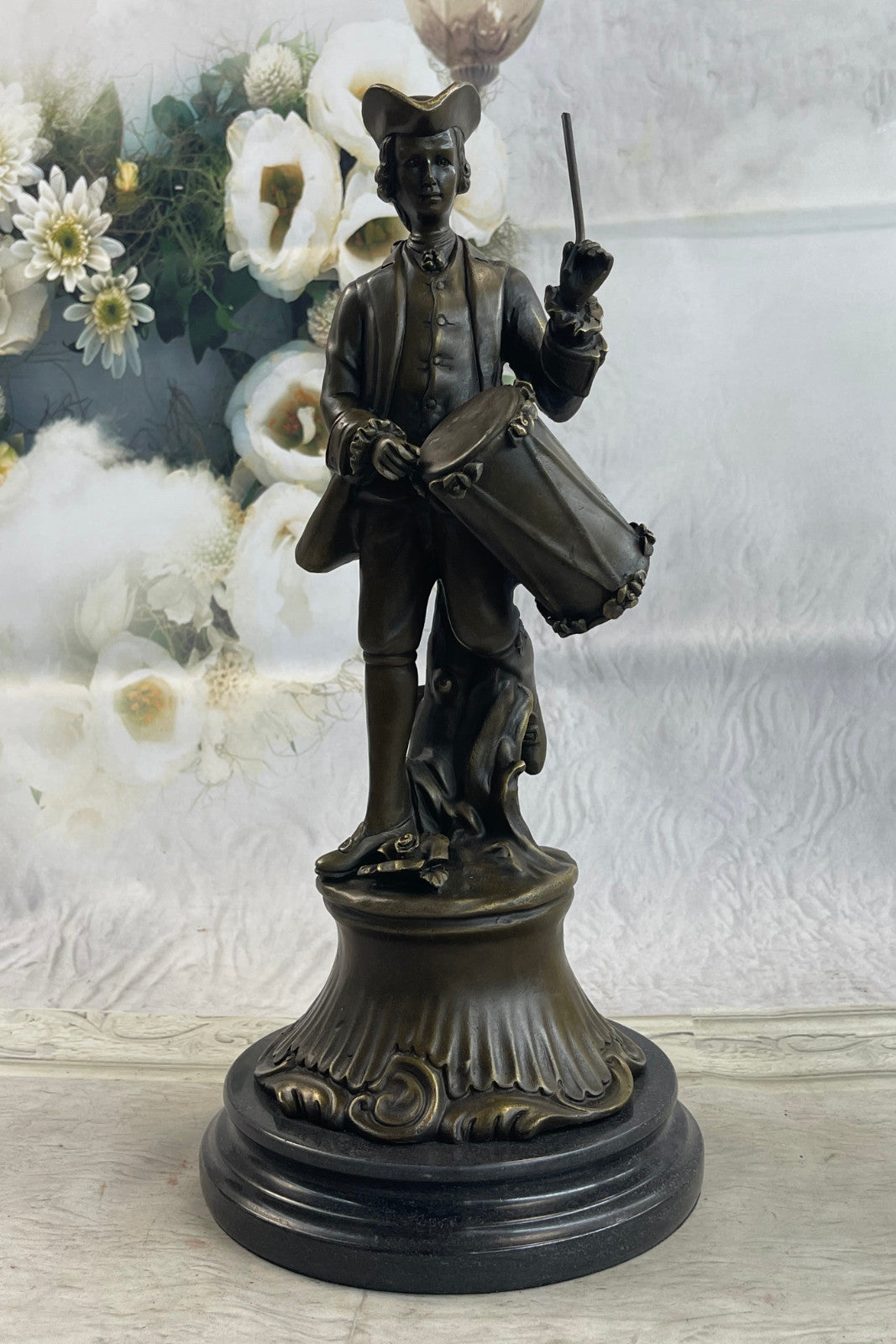 EUROPEAN BRONZE Gorgeous American Civil War Drummer Bronze Sculpture Marble Base Statue