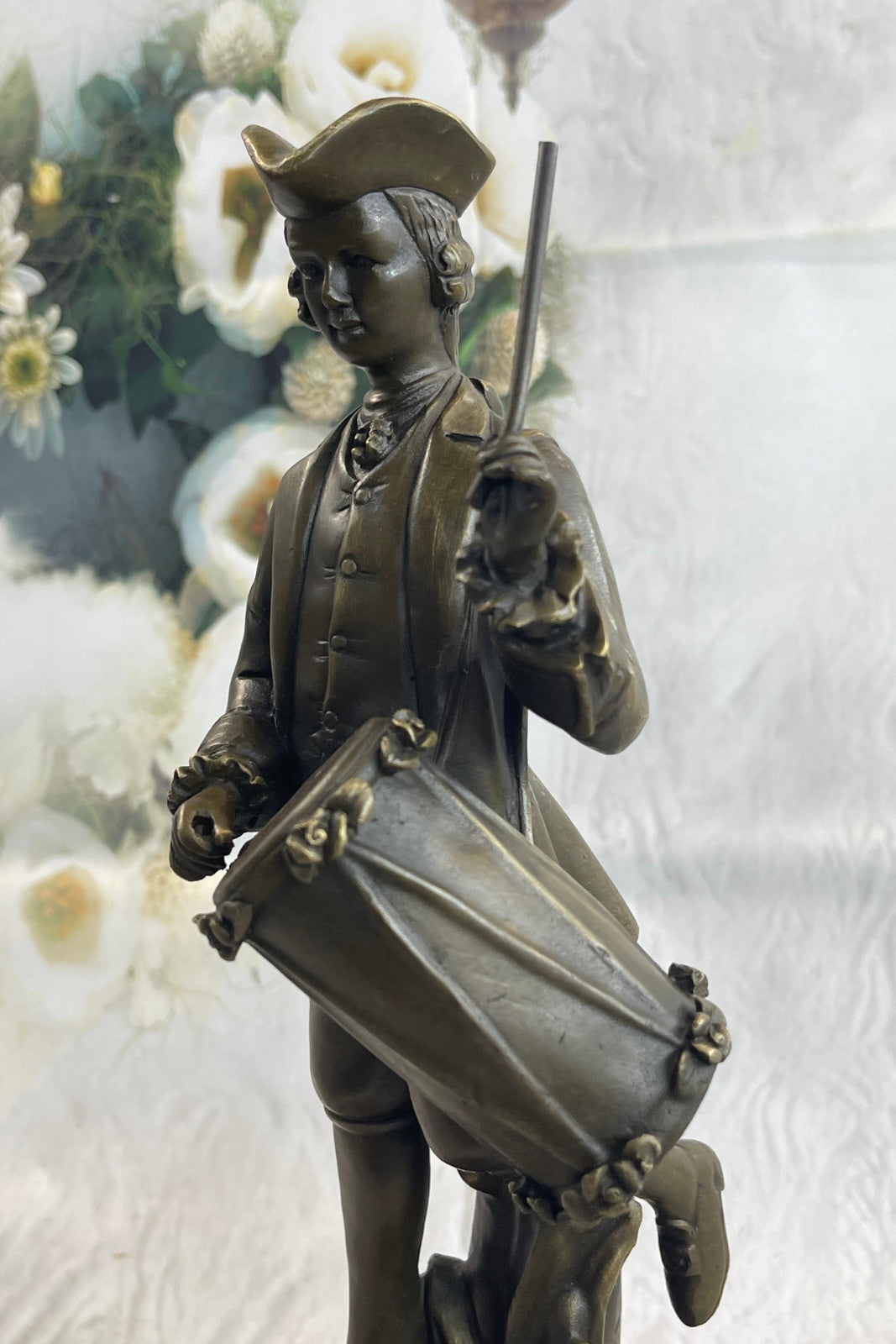 EUROPEAN BRONZE Gorgeous American Civil War Drummer Bronze Sculpture Marble Base Statue