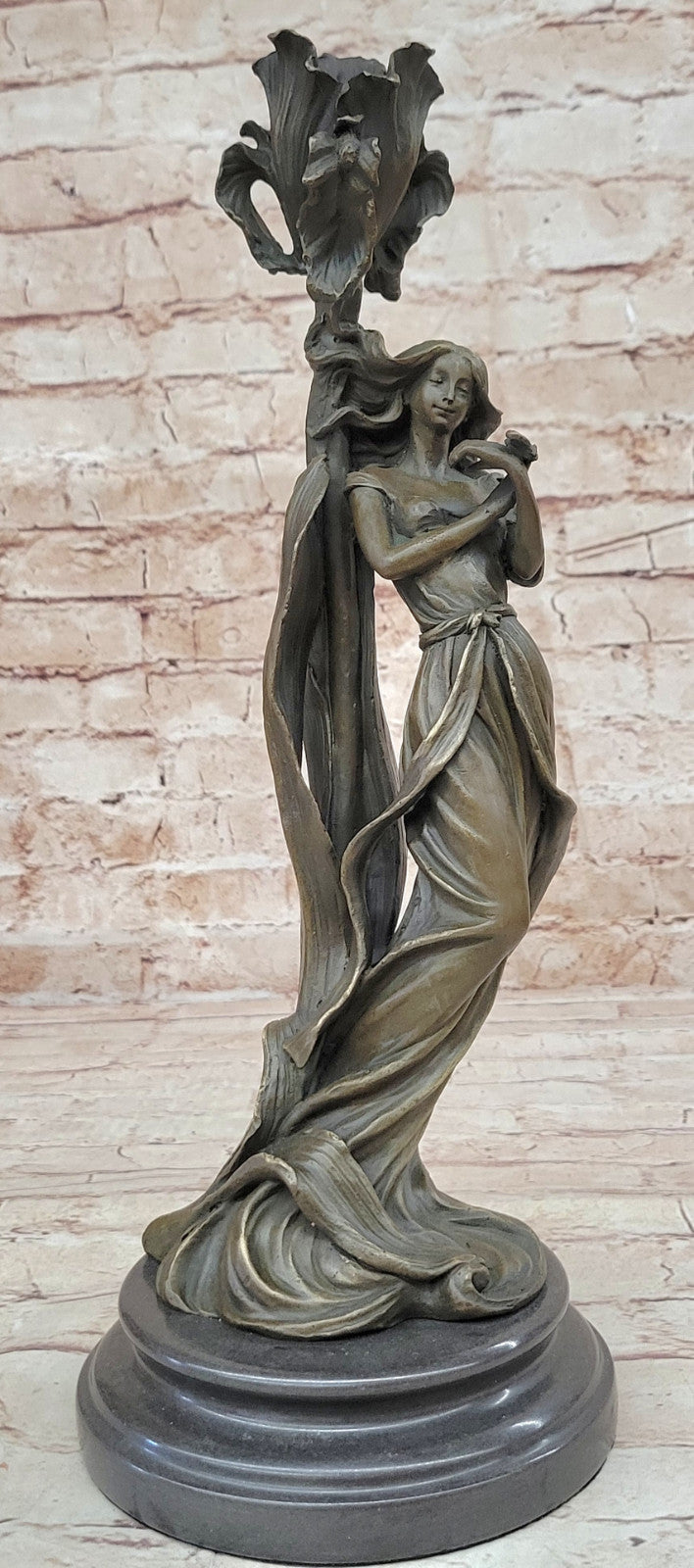 Signed Milo Art Nouveau Bronze Lady Candle Holder Statue Figurine Decor