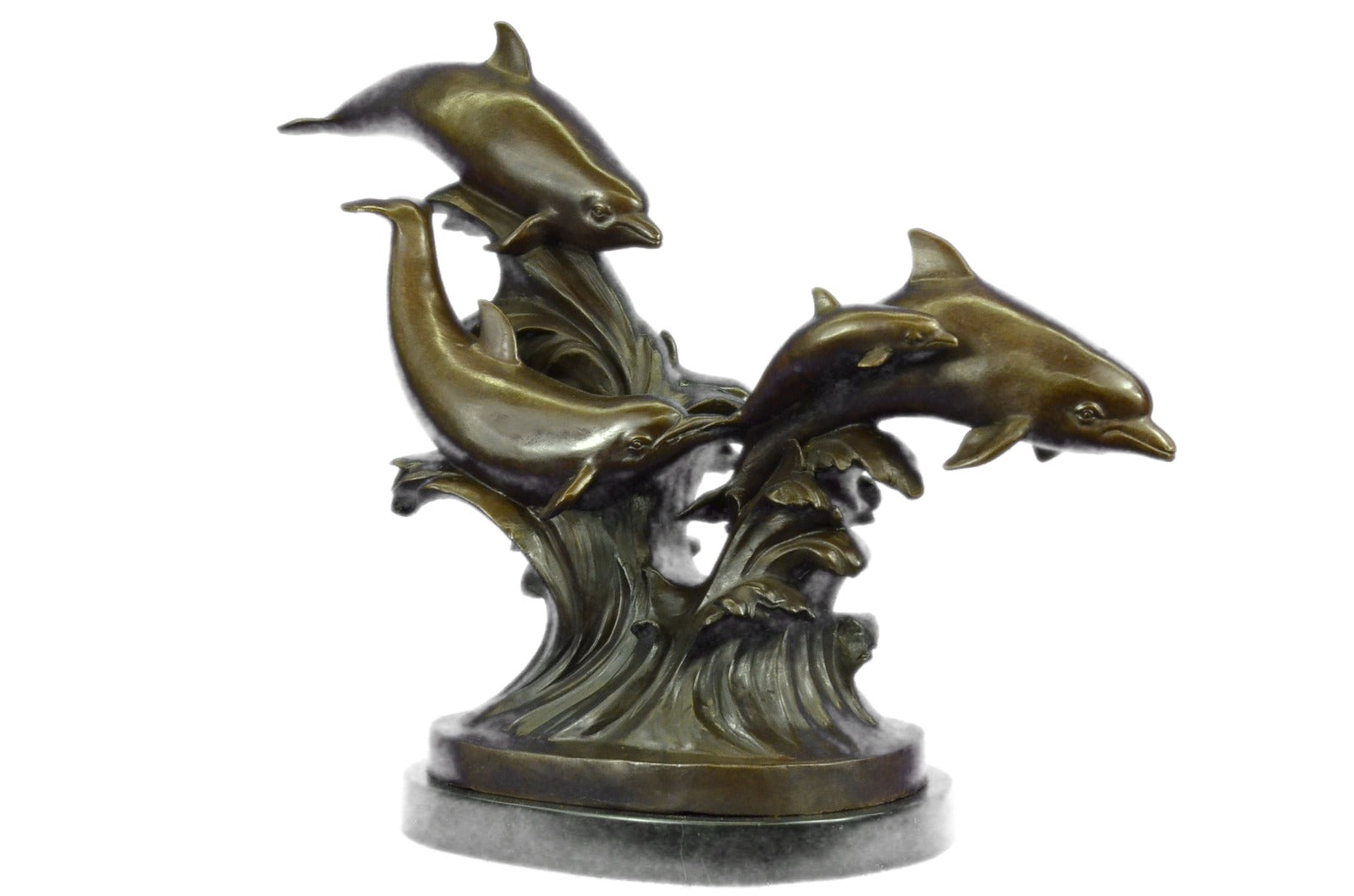 5 Dolphins Riding a Wave Bronze Sculpture – Classic Marine Artwork for Sale