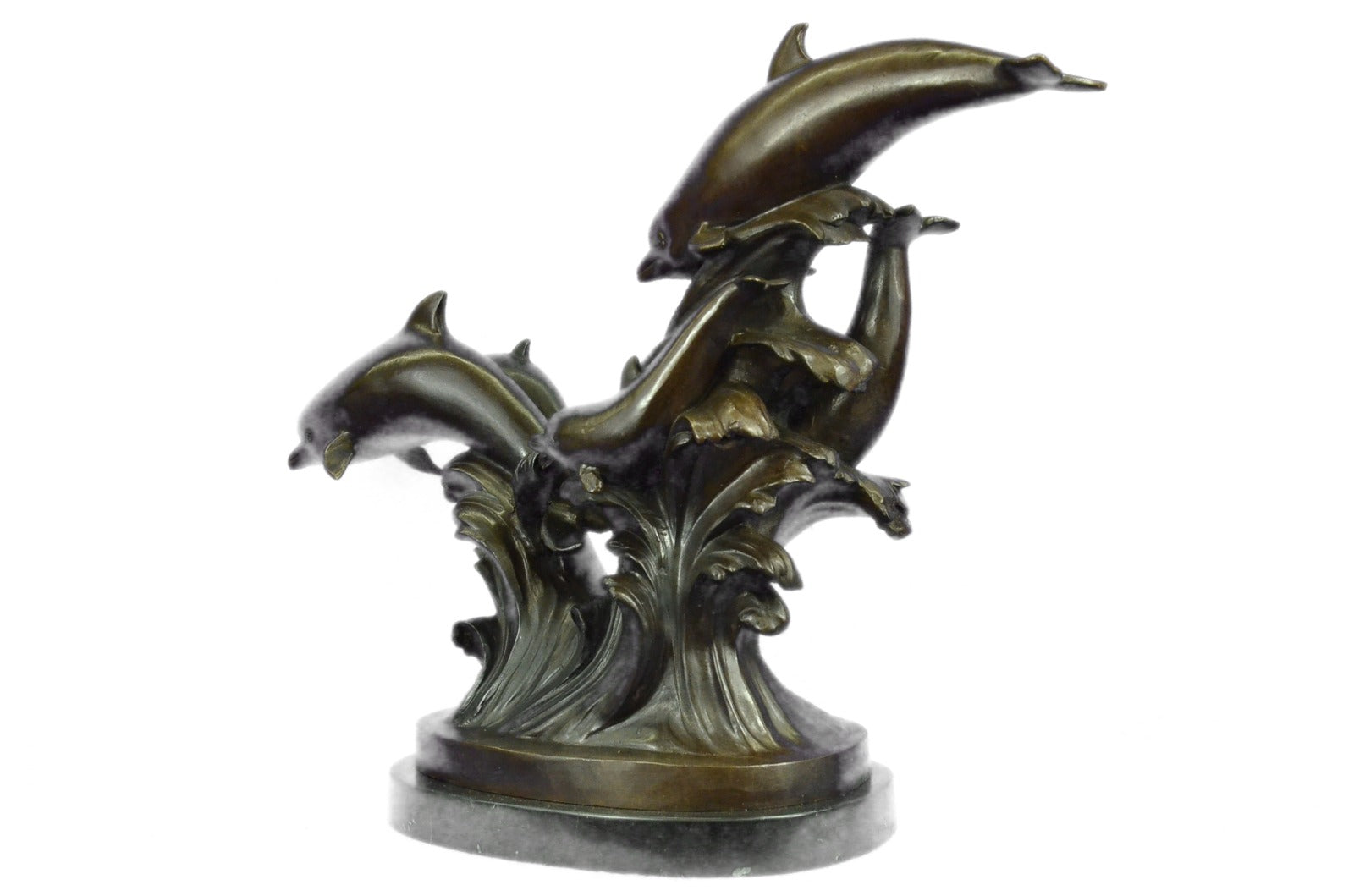 5 Dolphins Riding a Wave Bronze Sculpture – Classic Marine Artwork for Sale