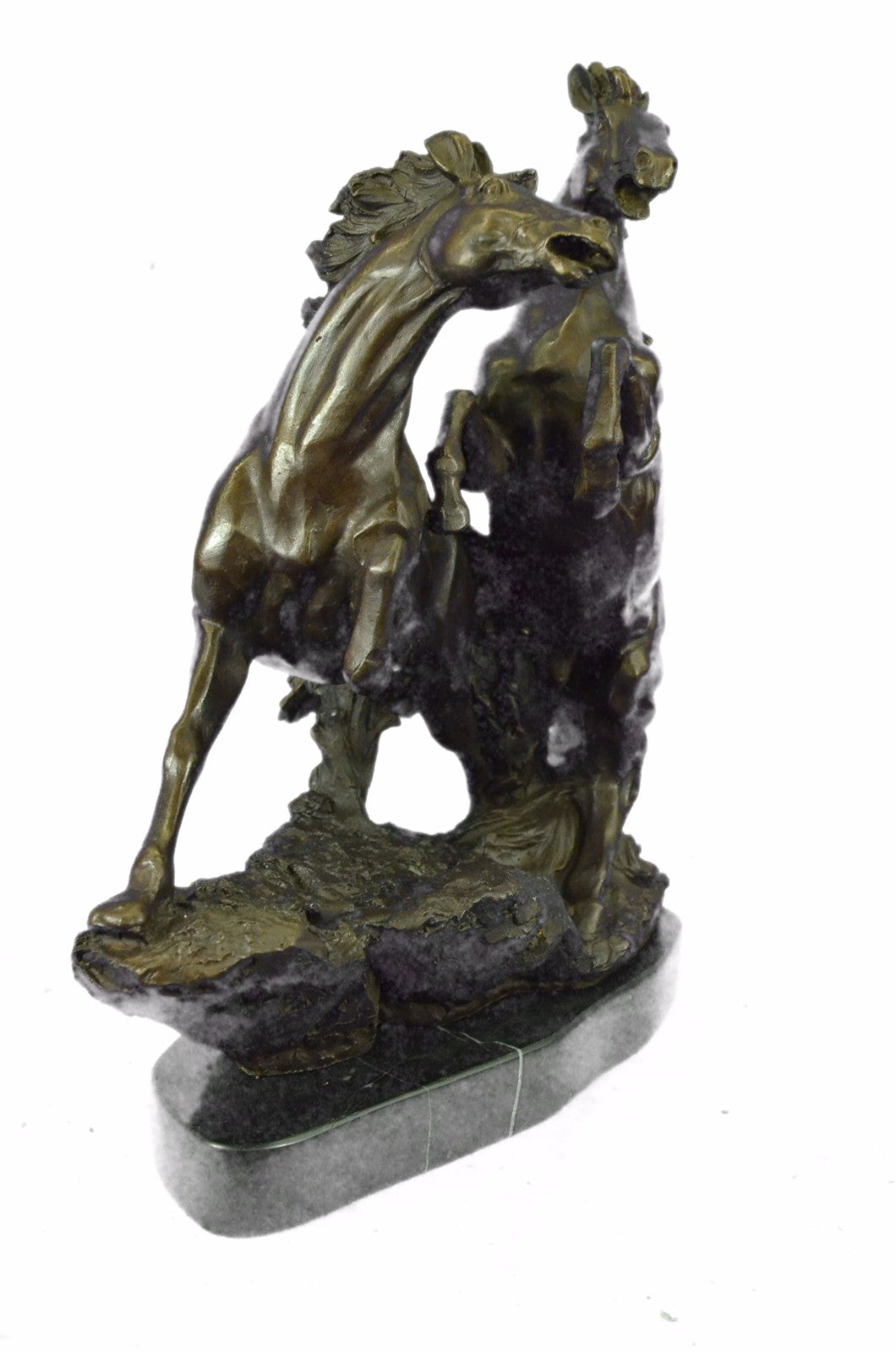 Art Deco Signed Barye Two Mustang Horses Bronze Sculpture Marble Base Figure