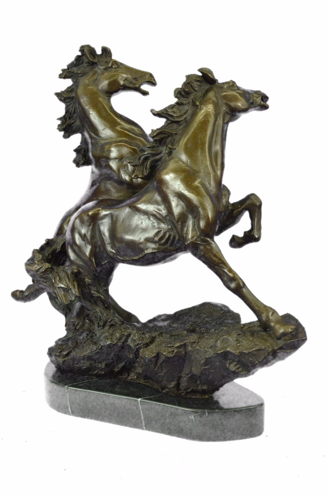 Art Deco Signed Barye Two Mustang Horses Bronze Sculpture Marble Base Figure