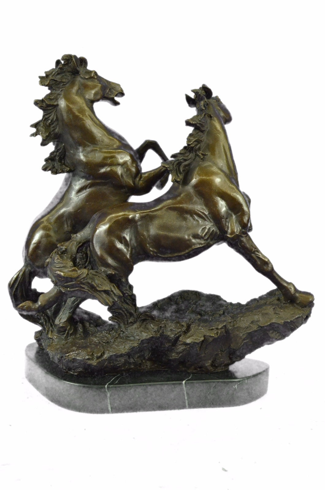 Art Deco Signed Barye Two Mustang Horses Bronze Sculpture Marble Base Figure