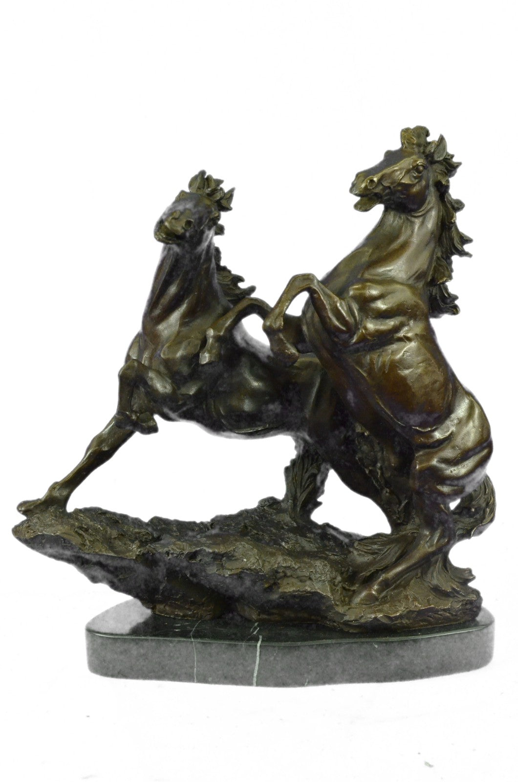 Art Deco Signed Barye Two Mustang Horses Bronze Sculpture Marble Base Figure