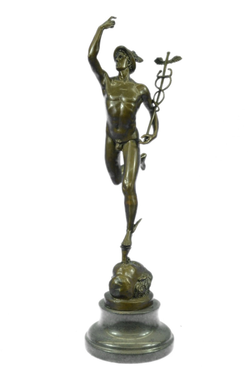 Vintage "Flying Mercury" 23"-High Bronze Statue with Black Circular Marble Base