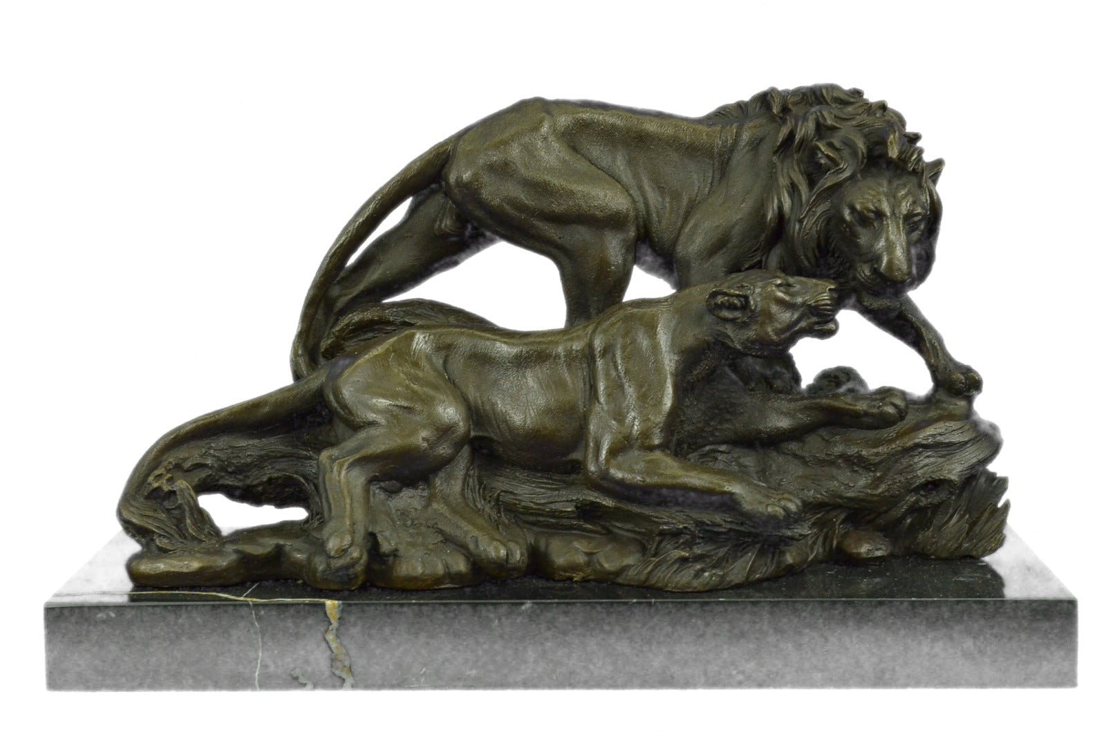 Two African Lion in Love Wildlife Artwork Bronze Sculpture Marble Base Statue NR