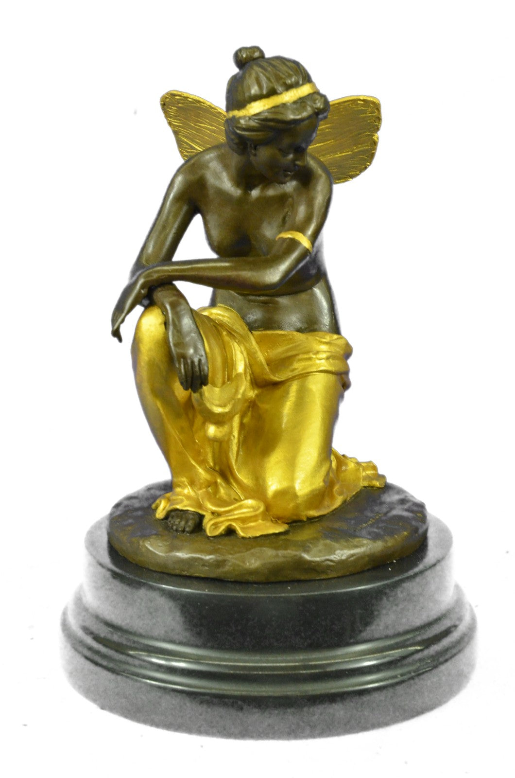 Art Nouveau Sexy Fairy Maiden Gold Patina Bronze Sculpture Marble Base Statue