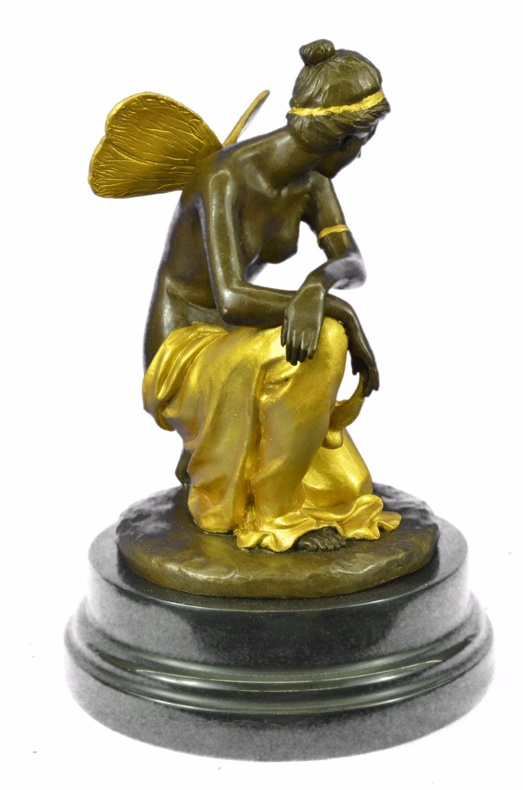Art Nouveau Sexy Fairy Maiden Gold Patina Bronze Sculpture Marble Base Statue