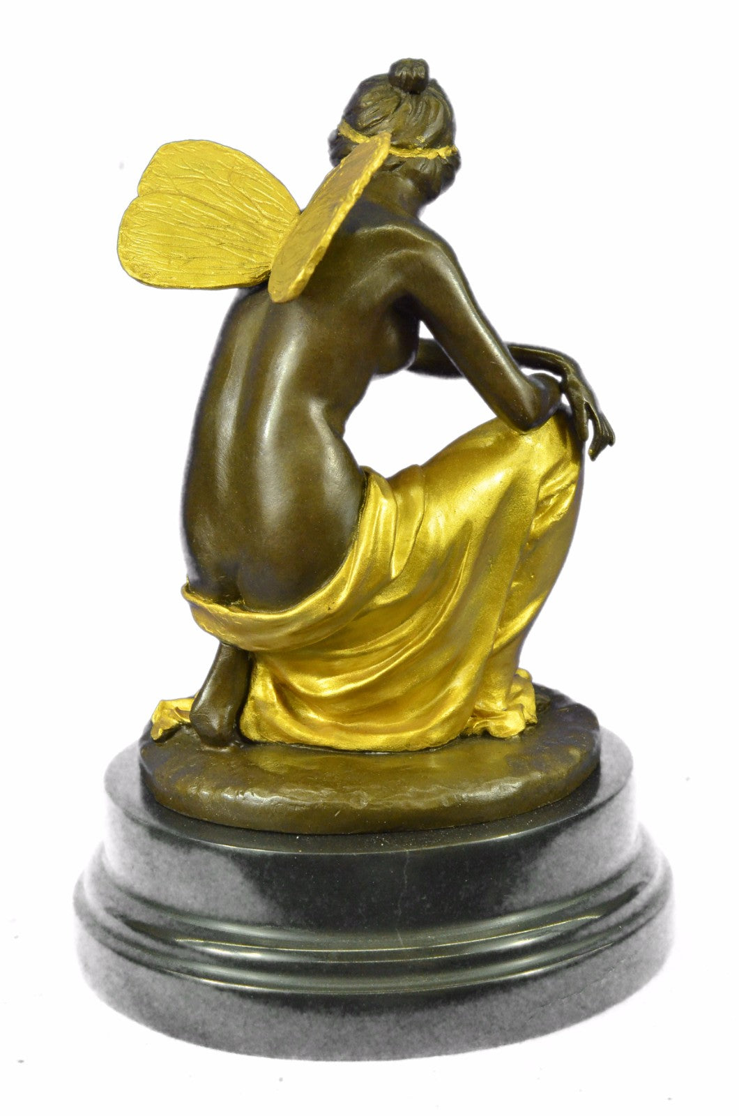 Art Nouveau Sexy Fairy Maiden Gold Patina Bronze Sculpture Marble Base Statue