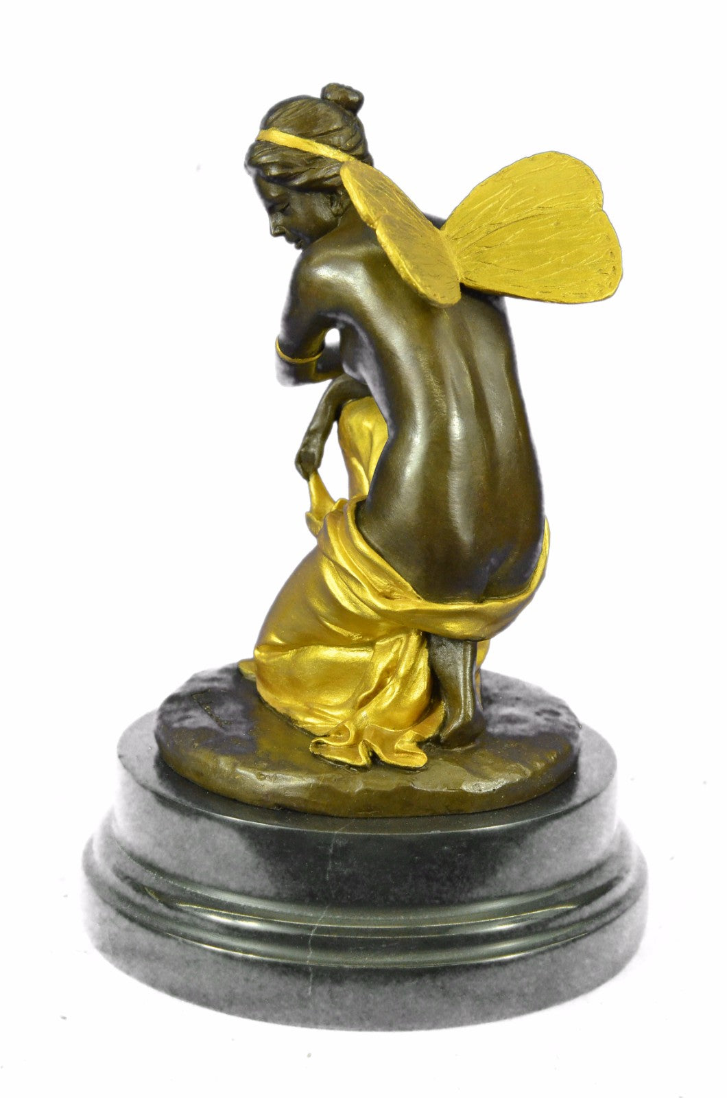 Art Nouveau Sexy Fairy Maiden Gold Patina Bronze Sculpture Marble Base Statue