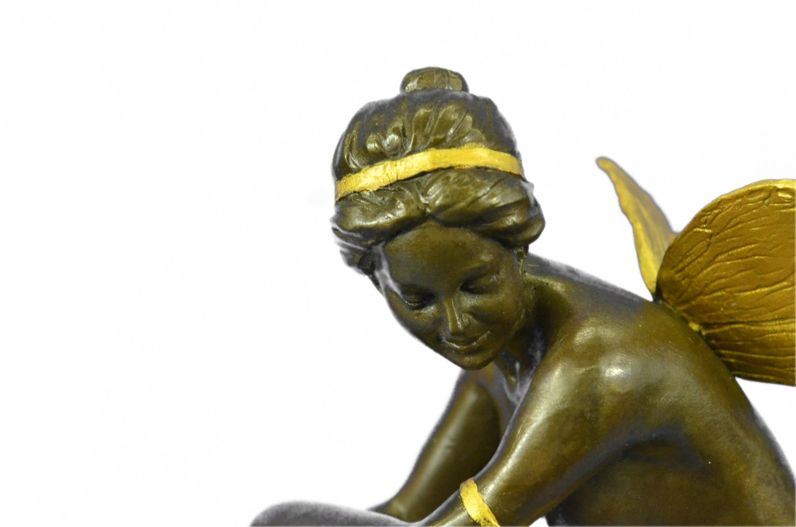 Art Nouveau Sexy Fairy Maiden Gold Patina Bronze Sculpture Marble Base Statue