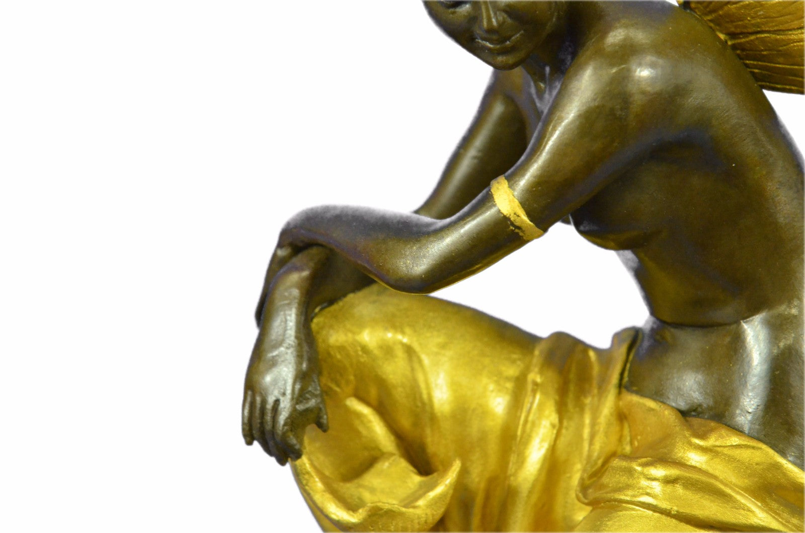 Art Nouveau Sexy Fairy Maiden Gold Patina Bronze Sculpture Marble Base Statue