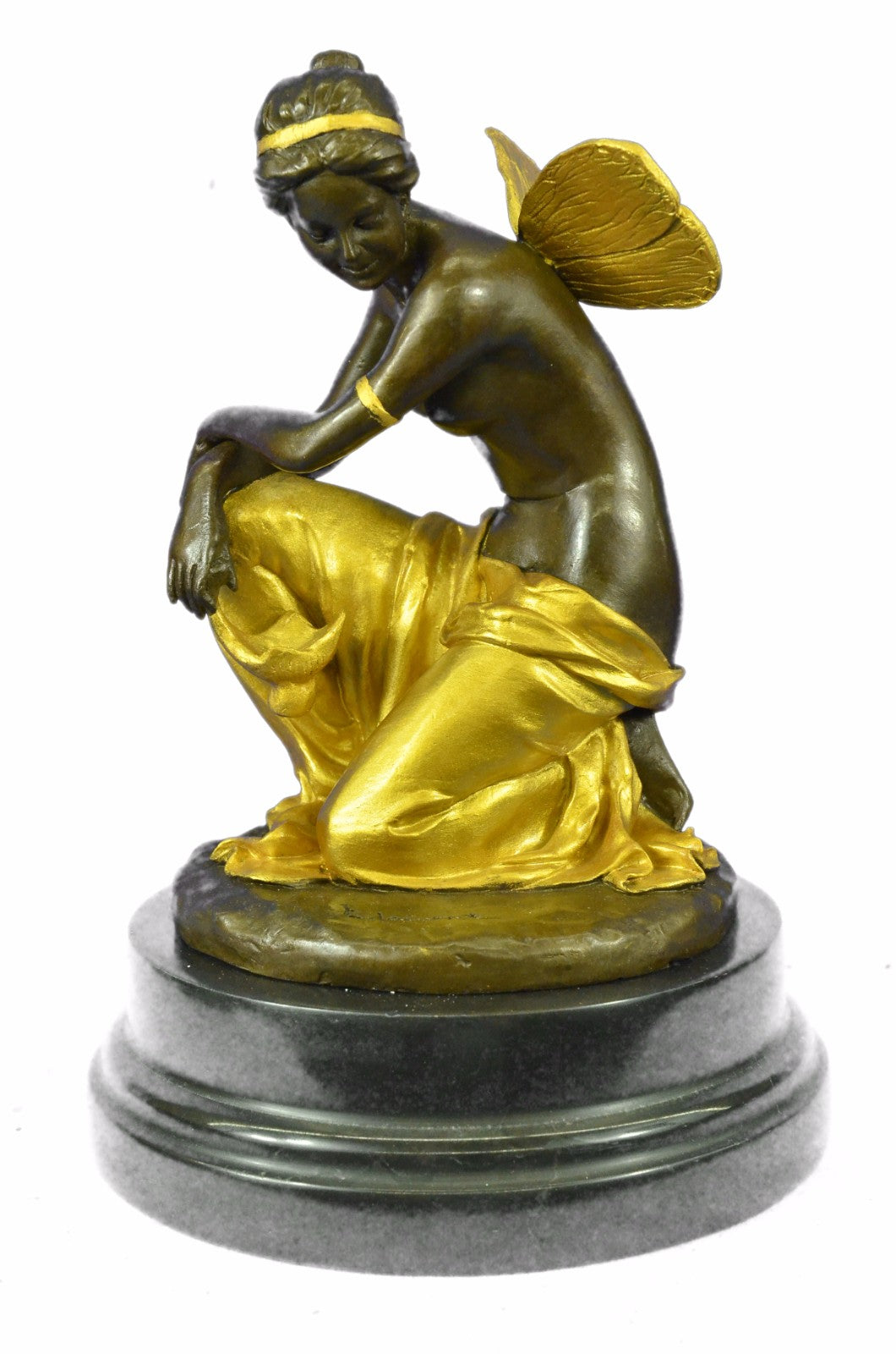 Art Nouveau Sexy Fairy Maiden Gold Patina Bronze Sculpture Marble Base Statue