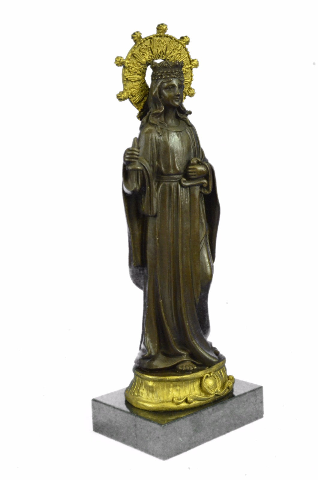 Buy Saint Barbara Bronze Statue – Elegant Catholic Sculpture with Crown, Chalice, Sword & Tower | On Sale Now