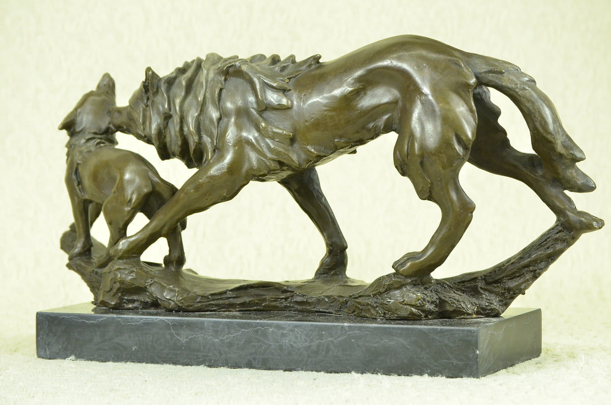Handcrafted bronze sculpture SALE Marble Cub Her Protecting Wolf Deco Art