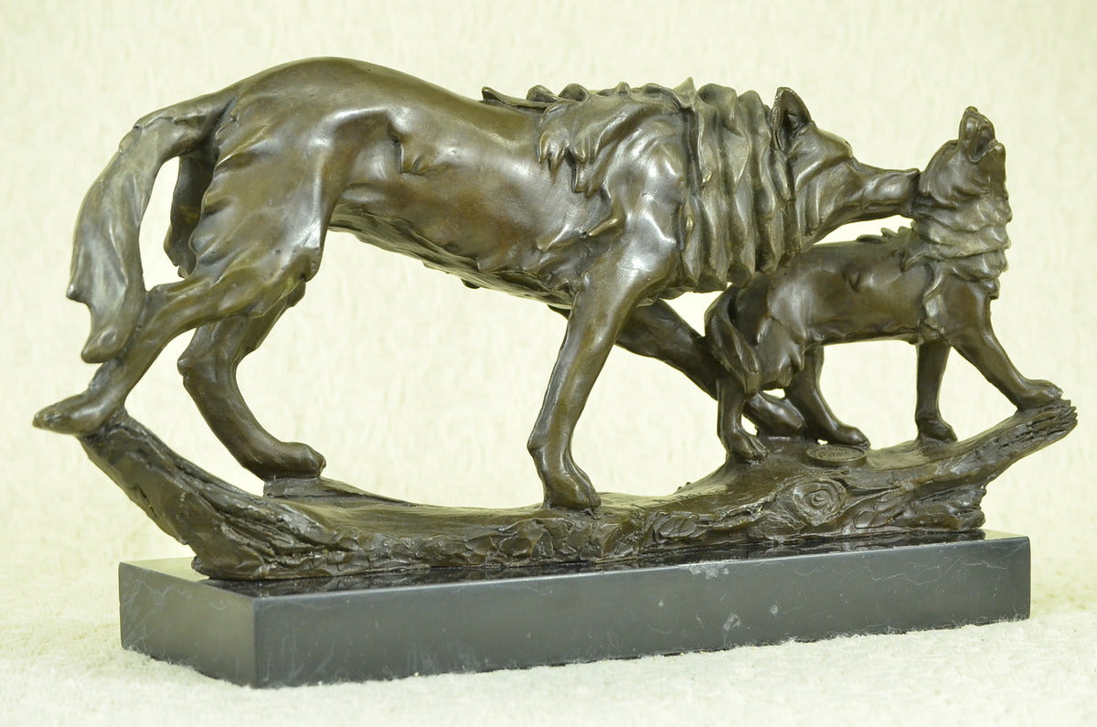 Handcrafted bronze sculpture SALE Marble Cub Her Protecting Wolf Deco Art