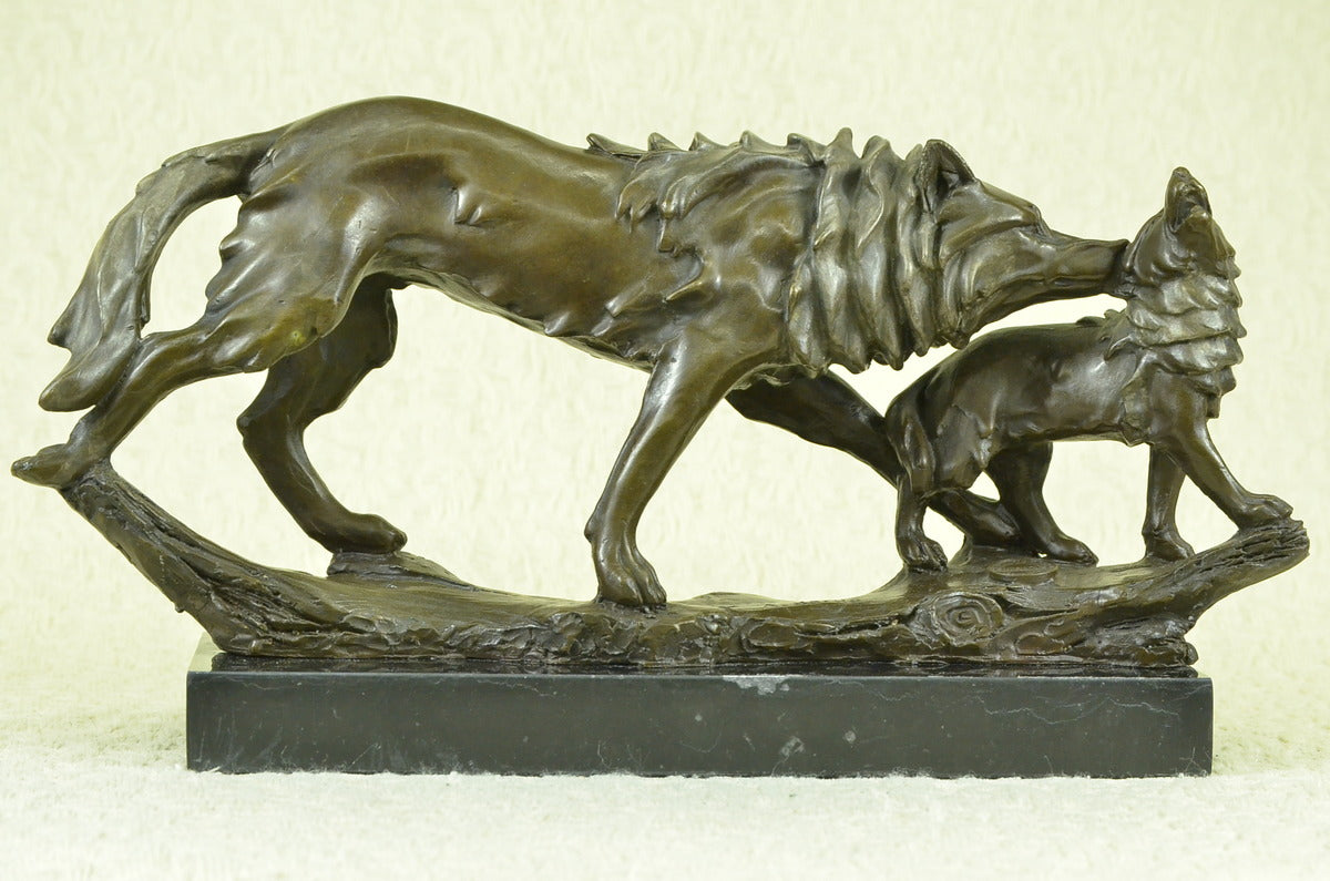 Handcrafted bronze sculpture SALE Marble Cub Her Protecting Wolf Deco Art