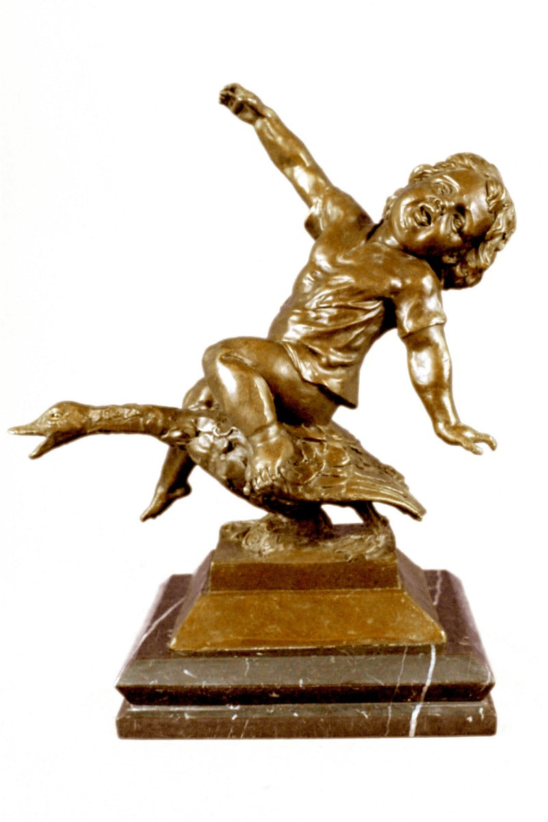 Handcrafted bronze sculpture SALE Base Marble Goose A Riding Girl Young