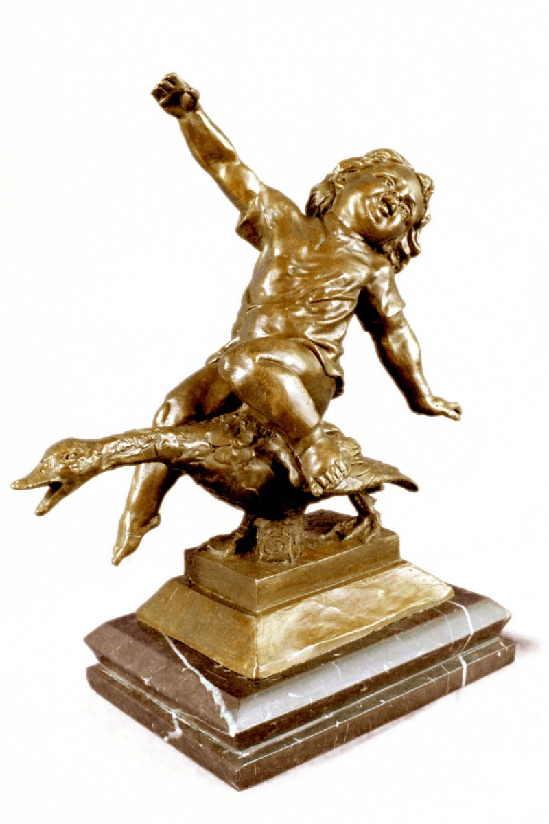 Handcrafted bronze sculpture SALE Base Marble Goose A Riding Girl Young