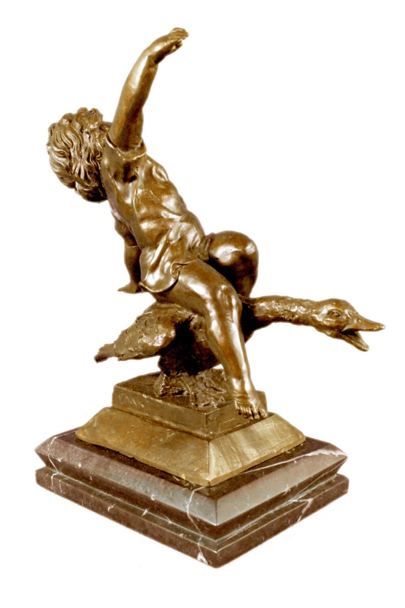 Handcrafted bronze sculpture SALE Base Marble Goose A Riding Girl Young