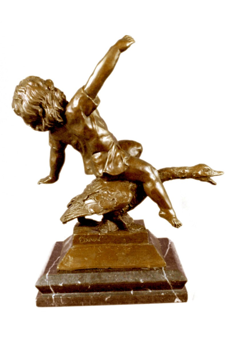 Handcrafted bronze sculpture SALE Base Marble Goose A Riding Girl Young