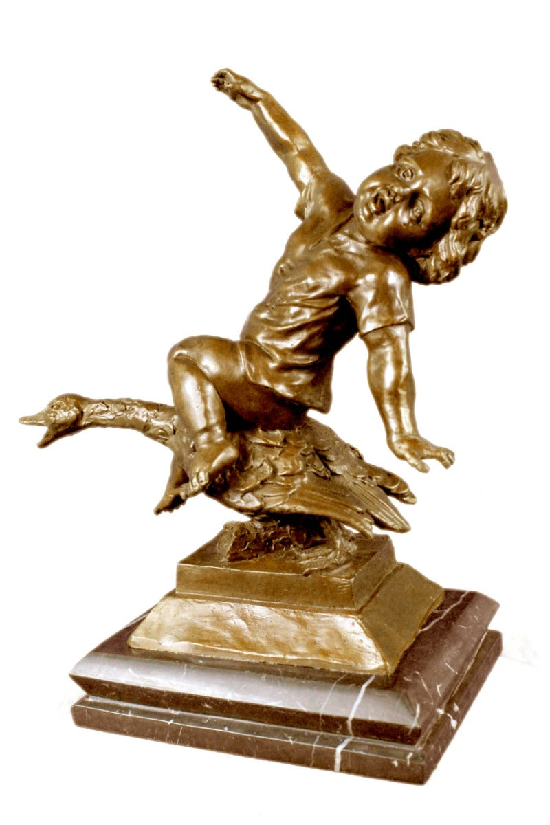 Handcrafted bronze sculpture SALE Base Marble Goose A Riding Girl Young