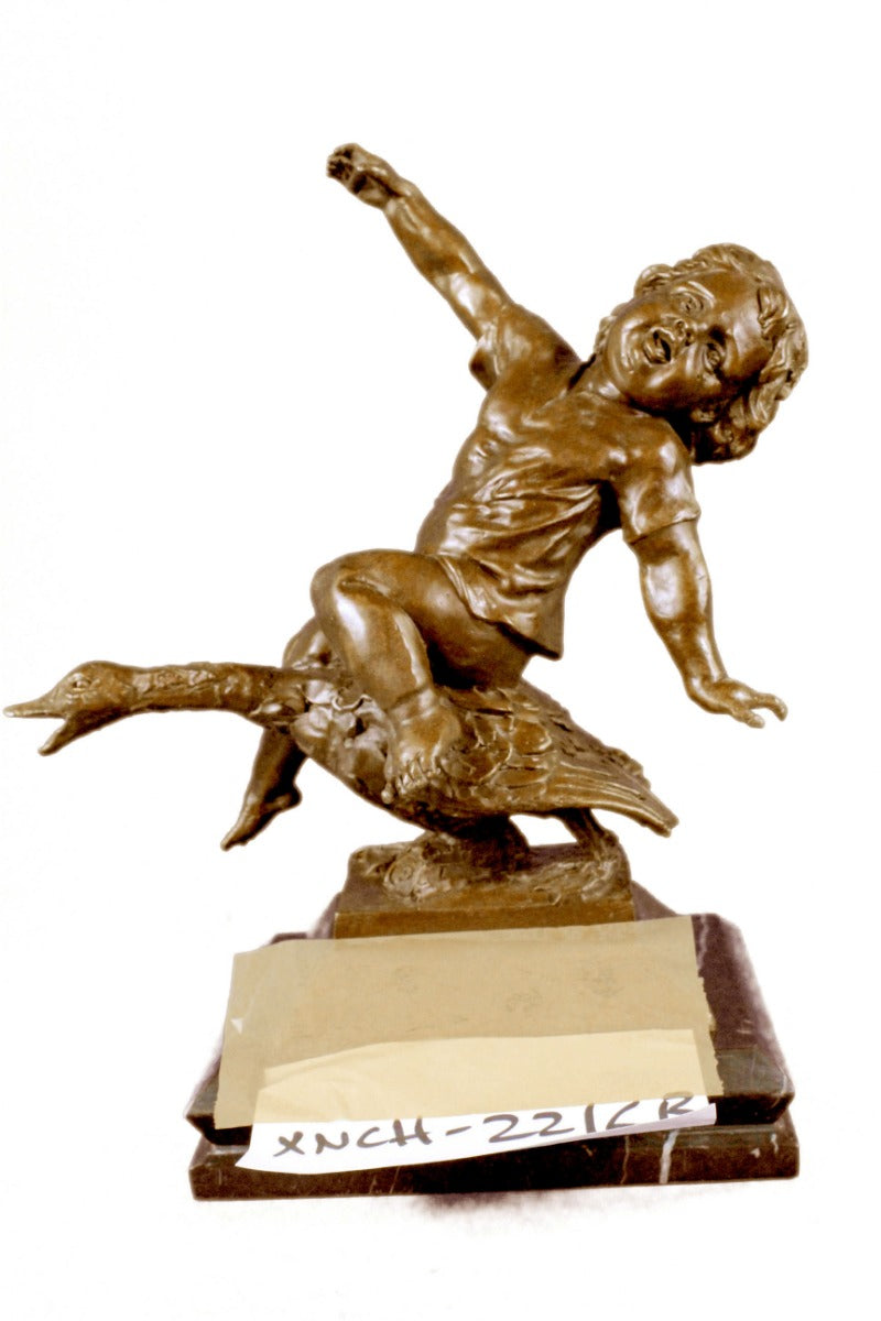 Handcrafted bronze sculpture SALE Base Marble Goose A Riding Girl Young
