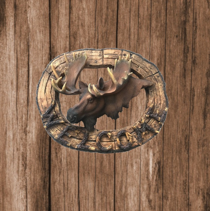 WELCOME MOOSE WALL ART WESTERN HOME DECOR RUSTIC BRONZE EFFECT MASTERPIECE SCULPTURE